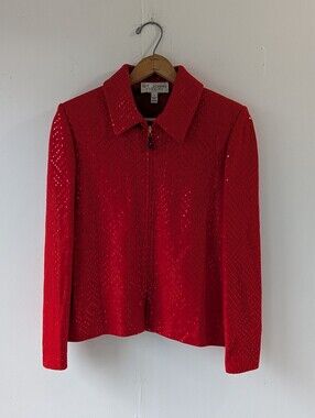 St. John Evening Red with Red Sparkle Zip-Front Knit Jacket Size 4